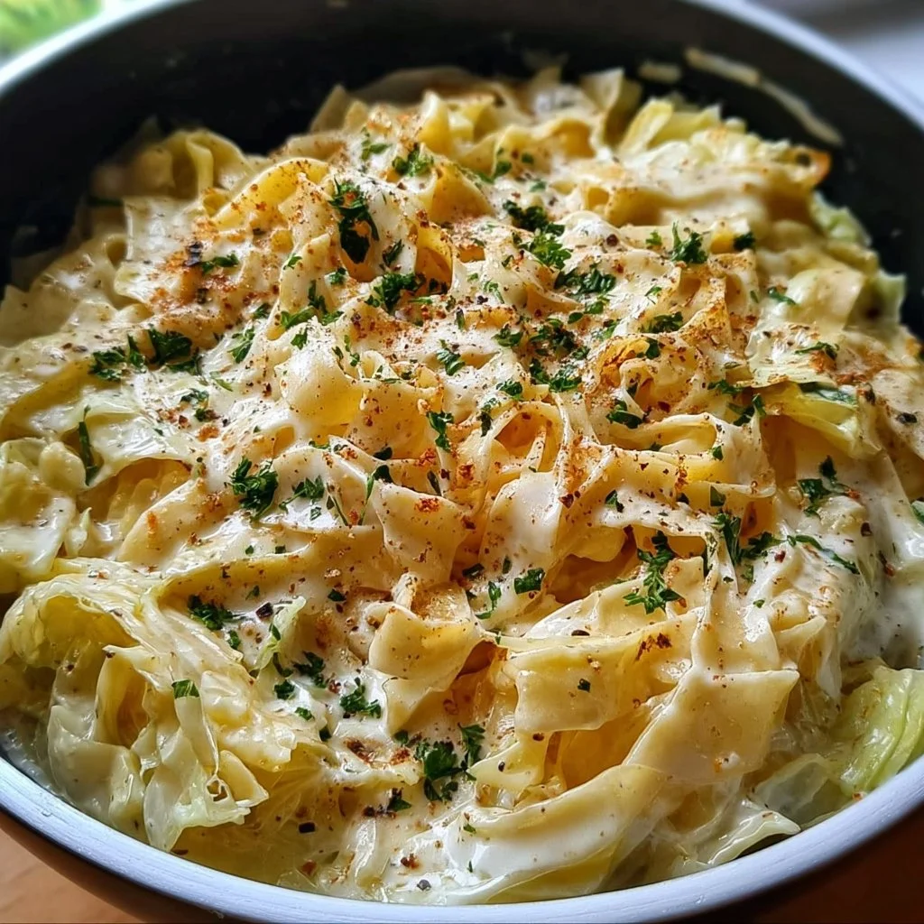 Garlic Alfredo with Tender Cabbage