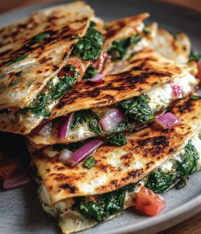 Mediterranean Quesadillas with Spinach, Feta, Mozzarella, and Red Onion