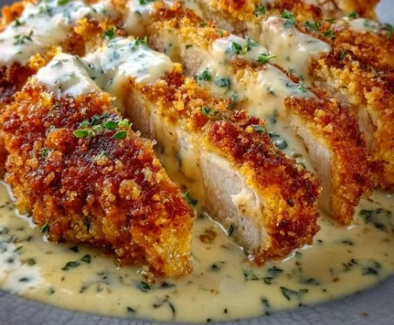 Crispy Parmesan Chicken with Creamy Garlic Sauce